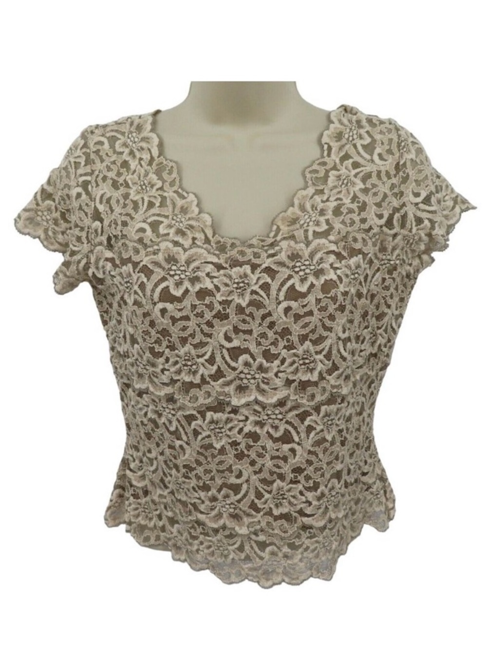 Hanky Panky Women Medium Beige Floral Flower Lace Short Sleeve Shirt Top 1752